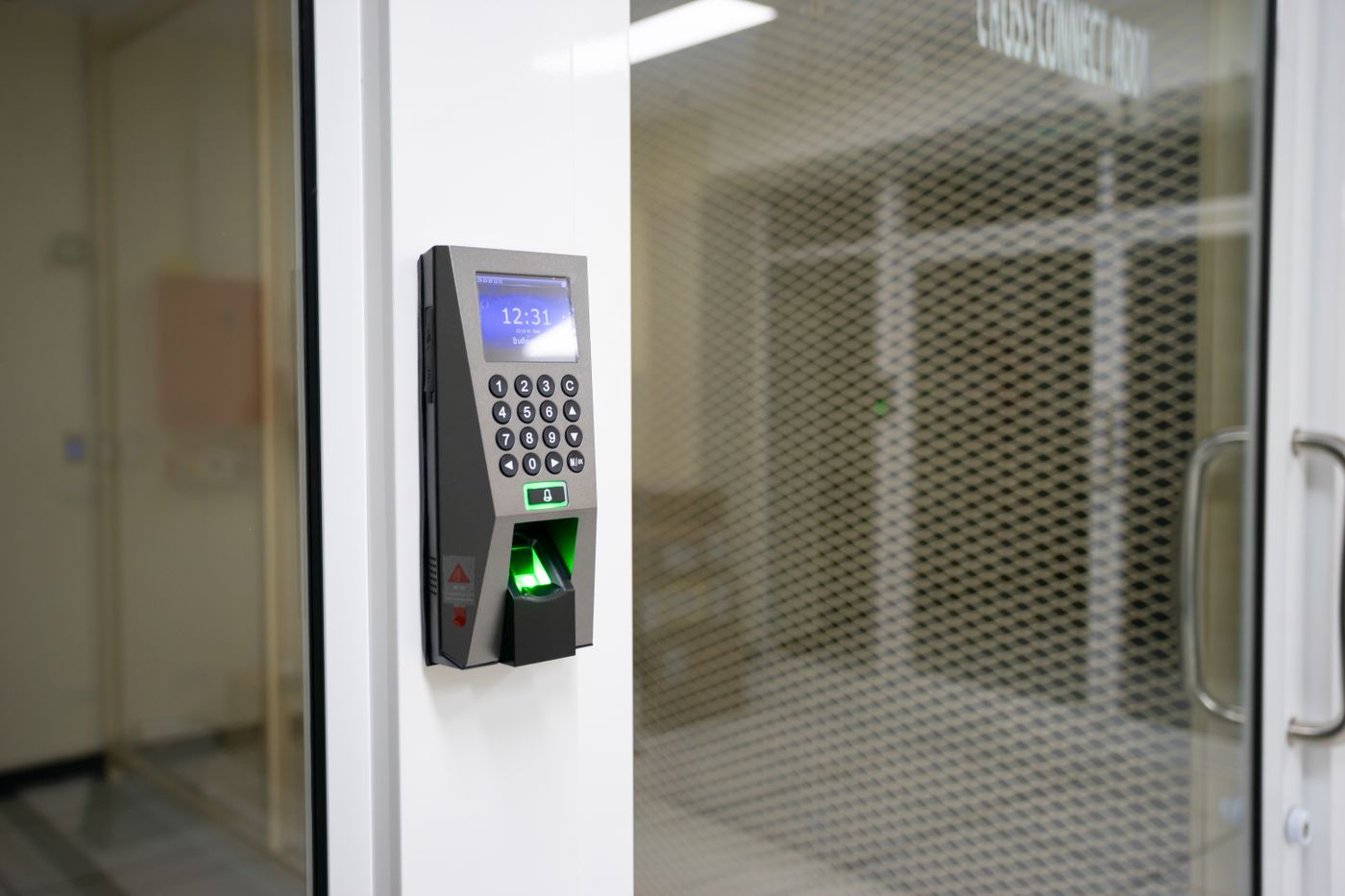 Server-room door with a fingerprint reader